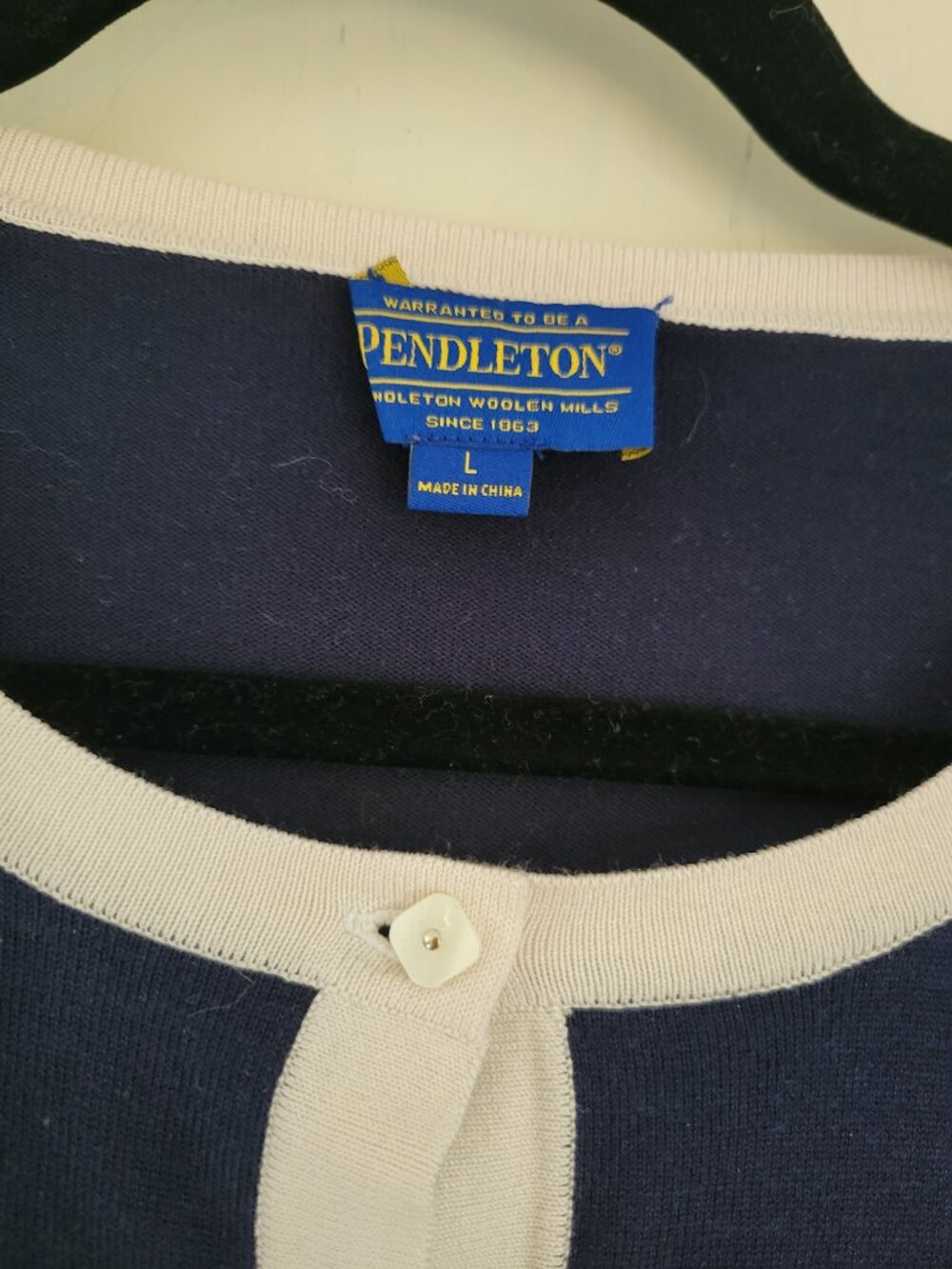 Pendleton Silk Blend Navy Cardigan Ivory Tipping 3/4 Sleeve Button Front Large - Picture 4 of 11